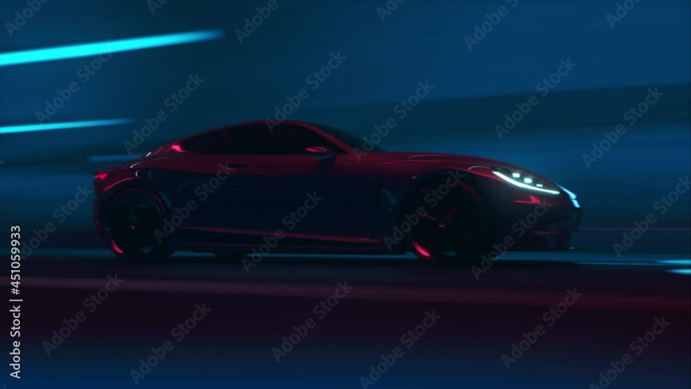 Gameplay of a Racing Simulator Video Game with Interface. Computer Generated 3D Car Driving Fast on a Night Hignway in a Tunnel in a Modern City. VFX Animation. Arc Shot.