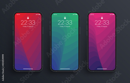 Different Variations Of Vivid Colors Warped Structure Wallpapers Set On Photorealistic Smartphone Screen Isolated On Dark Background. Set Of Vertical Abstract Backgrounds For Smartphone