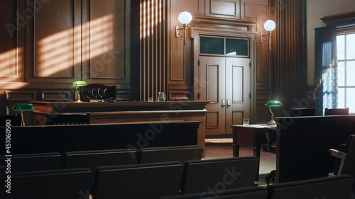 Empty American Style Courtroom. Supreme Court of Law and Justice Trial Stand. Courthouse Before Civil Case Hearing Starts. Grand Wooden Interior with Judge's Bench, Defendant's and Plaintiff's Tables. photo