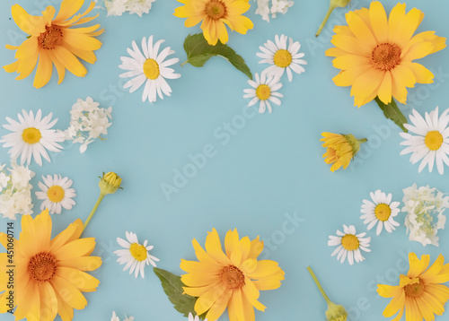 Creative joyful summer layout of flowers of white and yellow daisies ,false sunflower on a blue background