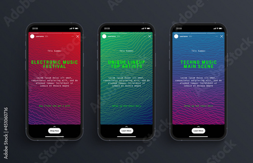 Social Media Networks Stories Timeline Carousel Vector Design Template On Photorealistic Smartphone Screen Isolated On Dark Background. Abstract Background For Online Story