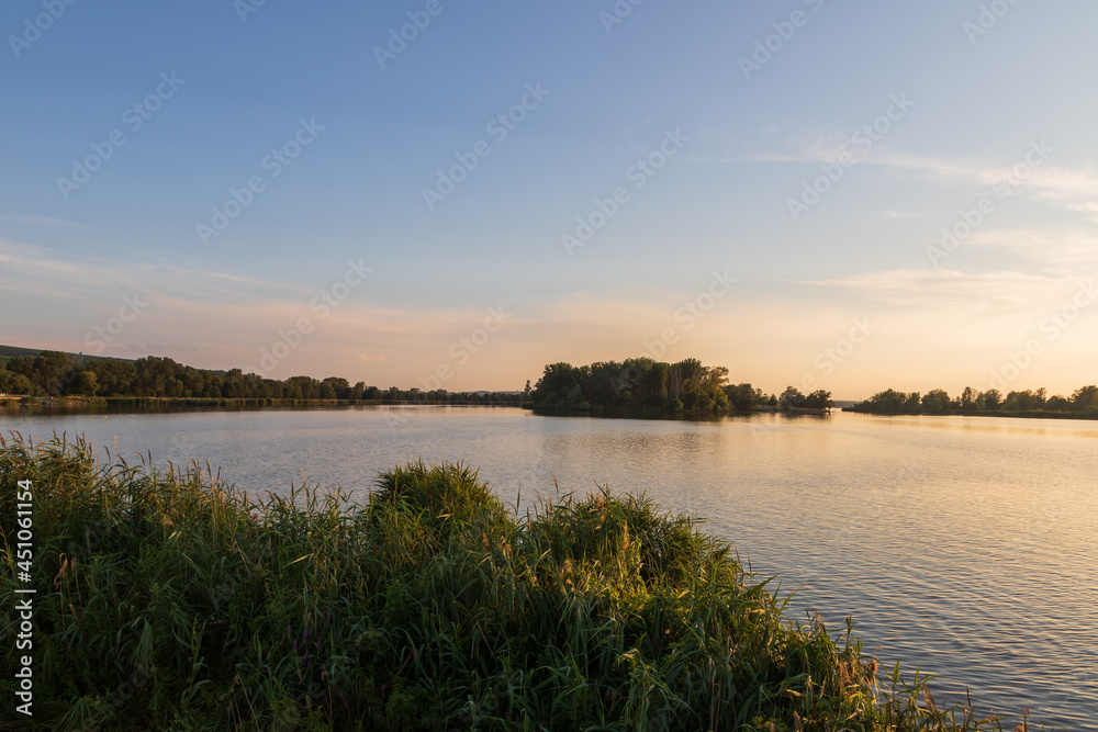 Lake Musov - South Moravia - Czech Republic. Calm water at sunset.