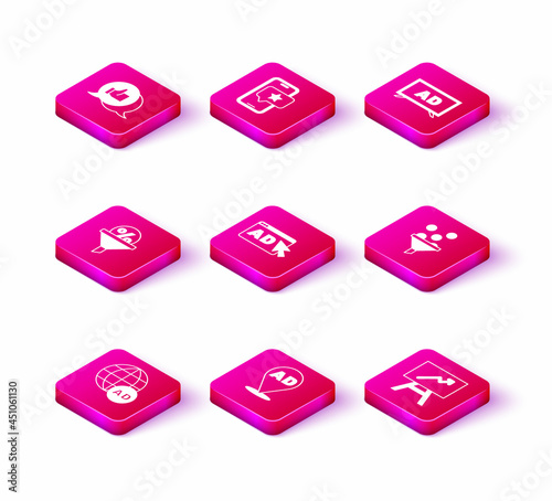 Set Advertising, Lead management, Board with graph chart, and Mobile review rating icon. Vector