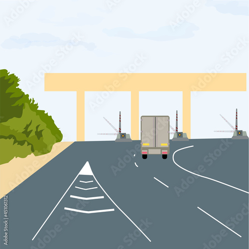 Checkpoint of collection on autobahn and toll road . Car and roadside point. Highway toll area with transport. Vector stock illustration isolated on a white background.