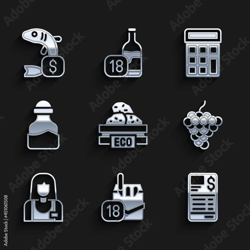 Set Wooden box for fruits, Cigarettes pack, Paper financial check, Grape, Seller, Spice can, Calculator and Price tag fish icon. Vector