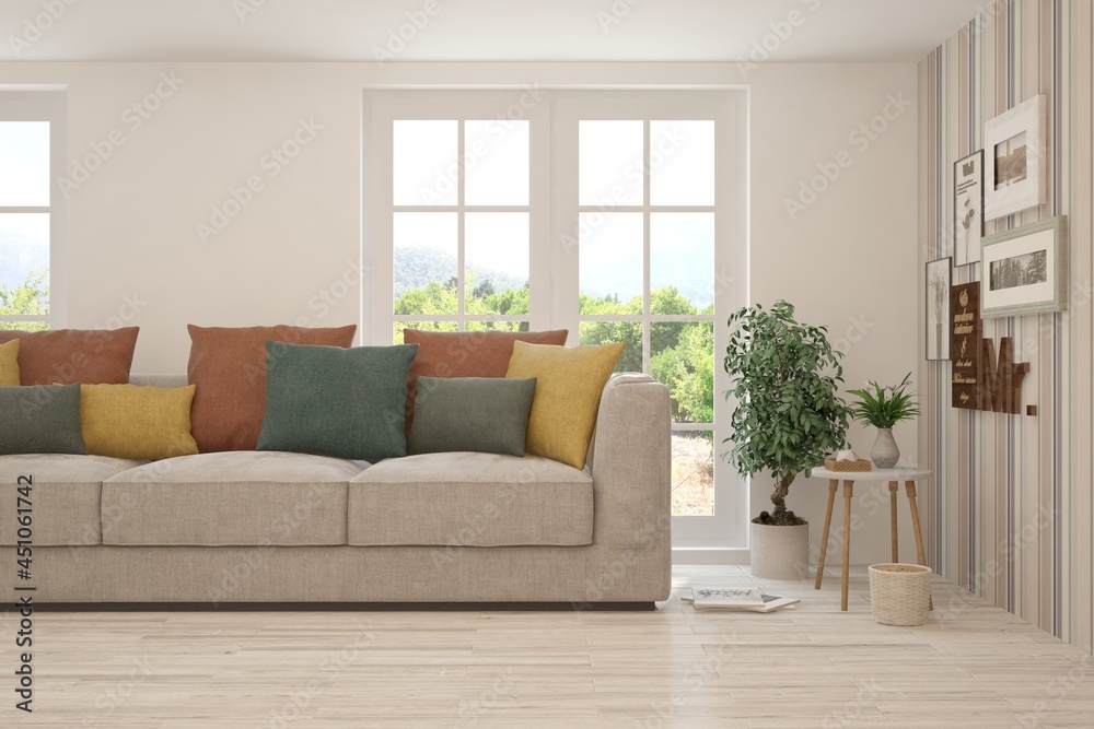 White living room with sofa and summer landscape in window. Scandinavian interior design. 3D illustration White living room with sofa and summer landscape in window. Scandinavian interior design. 3D illustration