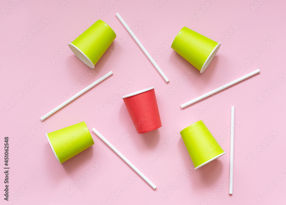 Eco friendly paper cups and drinking straws. Flat lay. Eco friendly paper cups and drinking straws. Flat lay.