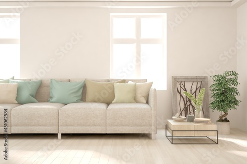 Stylish room in white color with sofa. Scandinavian interior design. 3D illustration