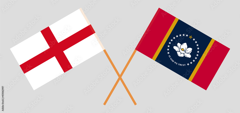 Crossed flags of England and the State of Mississippi. Official colors. Correct proportion