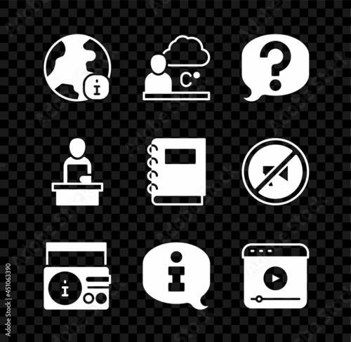 Set World news, Weather forecast, Speech bubble chat, News on radio channel, Information, Live stream, Breaking and Notebook icon. Vector