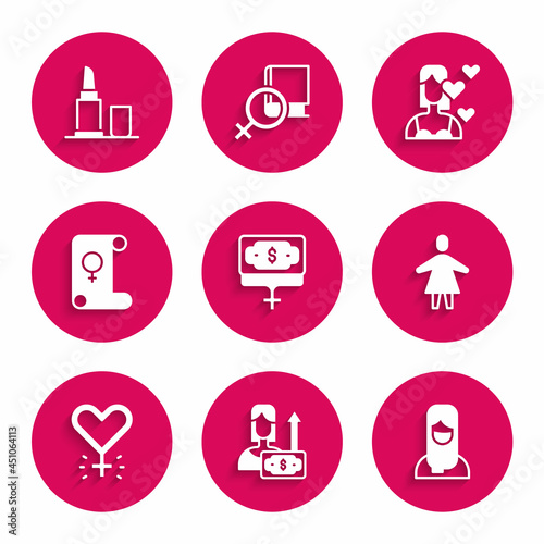 Set Money growth woman, Muslim in hijab, Female, Feminism, Love yourself and Lipstick icon. Vector