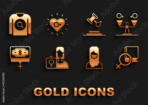 Set Feminist activist, Gender equality, Book about women, Muslim woman hijab, Money growth, Female rights, shirt and Feminism icon. Vector