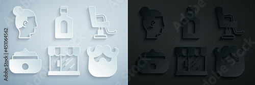 Set Barbershop building, chair, Gel or wax for styling, Mustache and beard, Bottle of shampoo and Hairstyle men icon. Vector