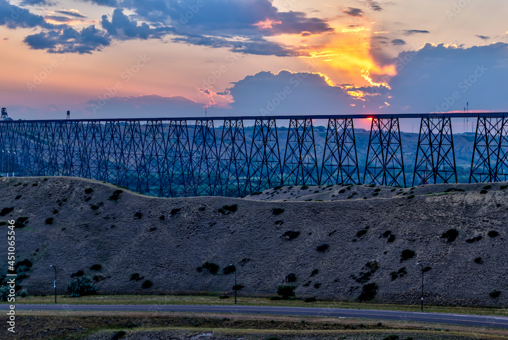 The historic High Level viaduct bridge spanning the Old Man river valley in Lethbridge Stock