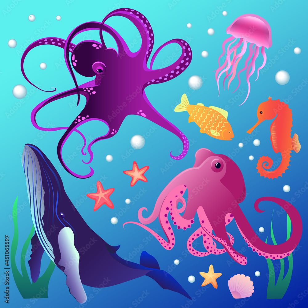 Obraz premium Set of vector illustrations of ocean inhabitants