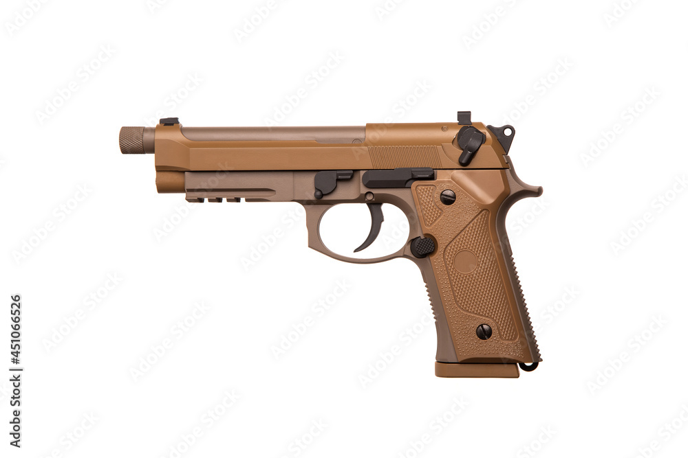 Modern semi-automatic pistol. A short-barreled weapon for self-defense. Arming the police, special units and the army. Isolate on a white back