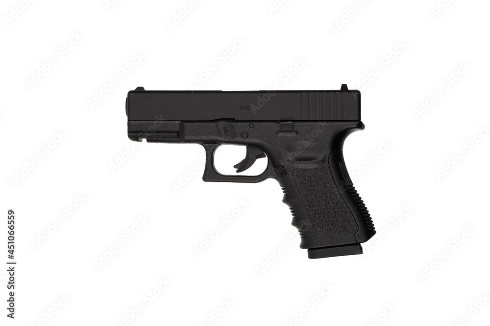 Modern semi-automatic pistol. A short-barreled weapon for self-defense. Arming the police, special units and the army. Isolate on a white back Modern semi-automatic pistol. A short-barreled weapon for self-defense. Arming the police, special units and the army. Isolate on a white back