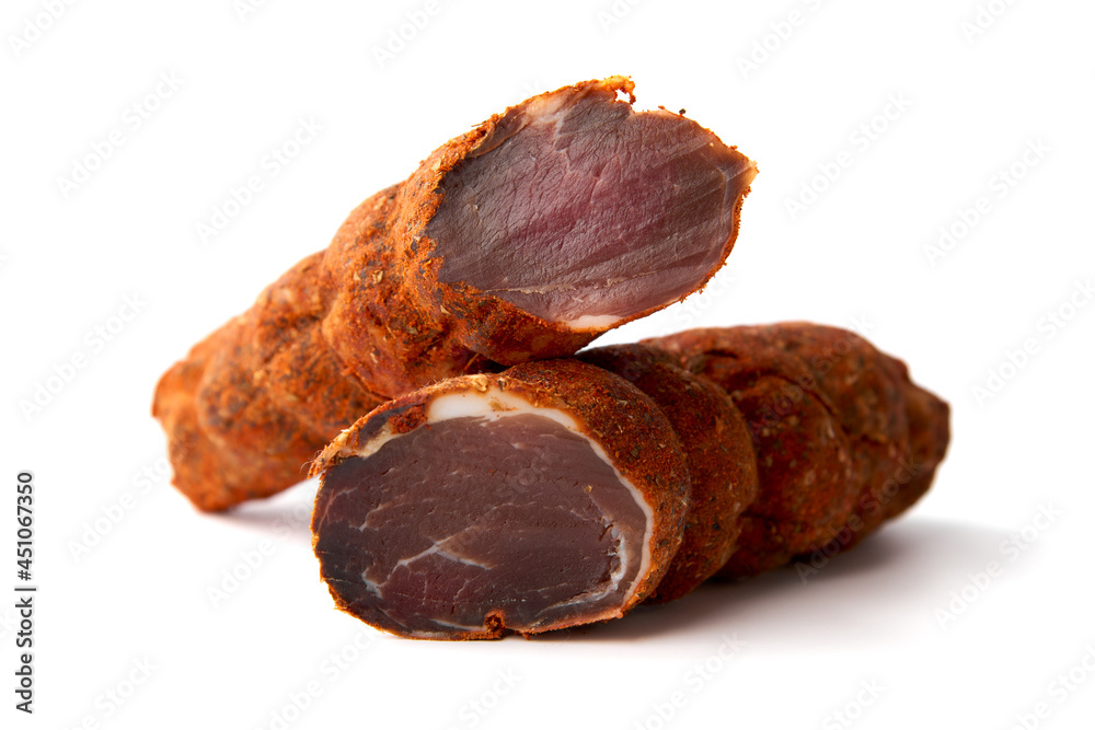 Dried meat beef jerky dry isolated on white background. Dried meat beef jerky dry isolated on white background.