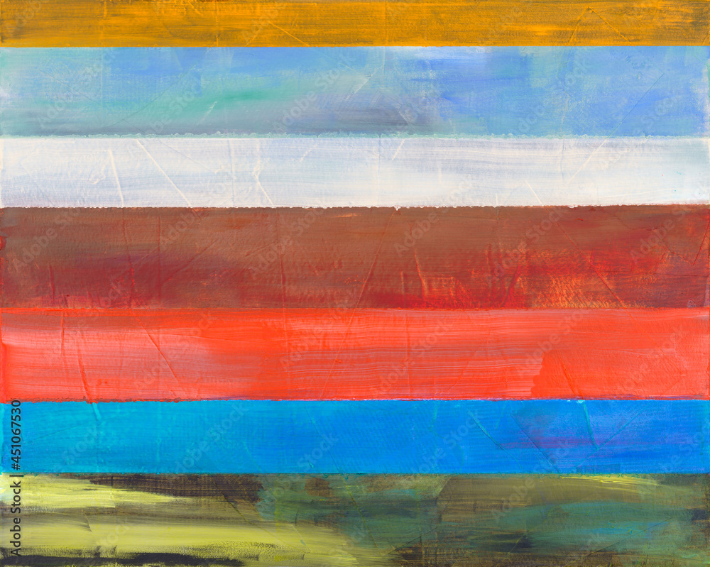 A painting with stripes of textured color arranged in horizontal strips. A painting with stripes of textured color arranged in horizontal strips.
