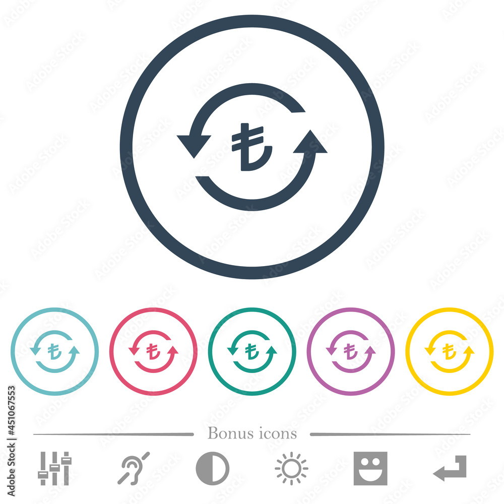 Turkish Lira pay back flat color icons in round outlines