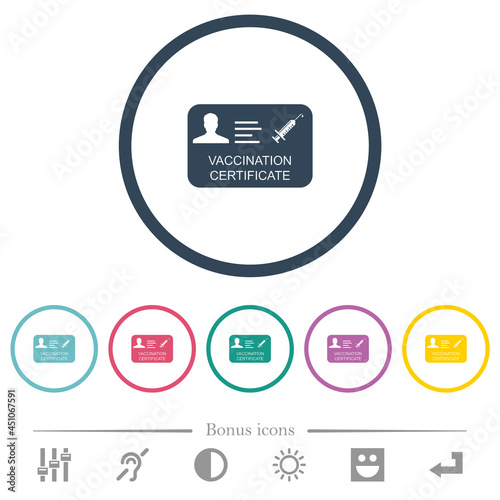 Vaccination certificate flat color icons in round outlines