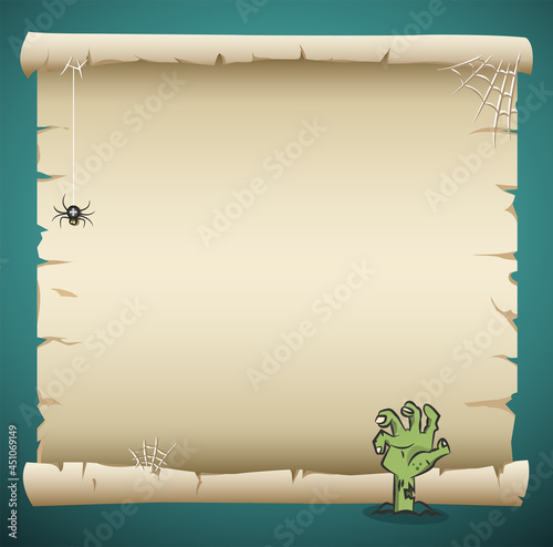 Empty old paper scroll with crumpled torn edges for halloween invitation. Zombie hand sticking out of ground. Halloween banner. illustration