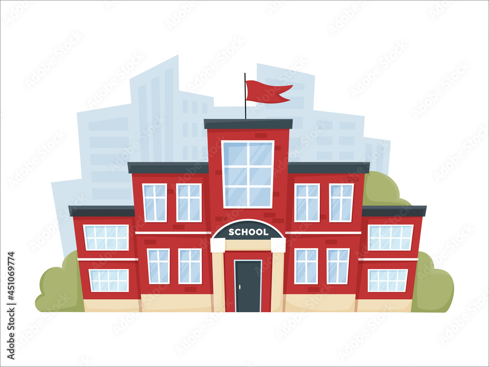 Modern school building in red color with trees, bushes and city silhouette. A city landscape with a house facade. Front view of learning building. Isolated vector illustration in flat cartoon style