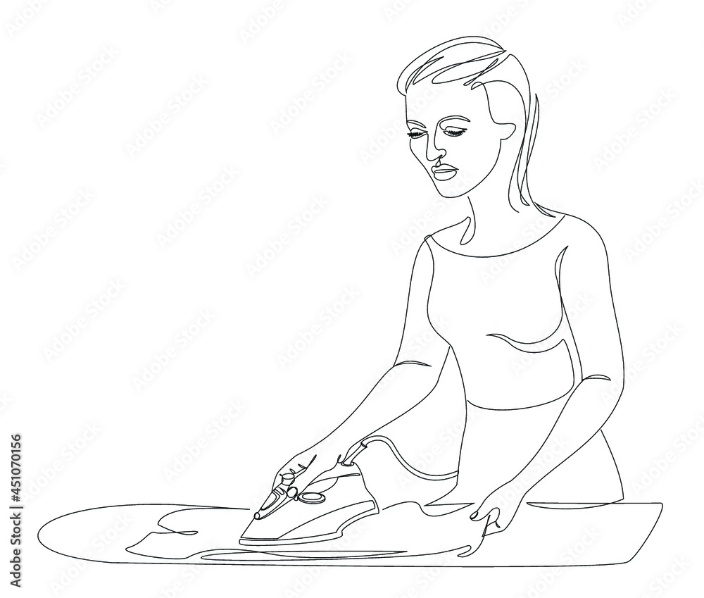 Silhouette of a girl with an iron ironing linen in a modern one line style. Continuous line drawing, aesthetic outline for home decor, posters, wall art, stickers, logo. Vector illustration. Silhouette of a girl with an iron ironing linen in a modern one line style. Continuous line drawing, aesthetic outline for home decor, posters, wall art, stickers, logo. Vector illustration.