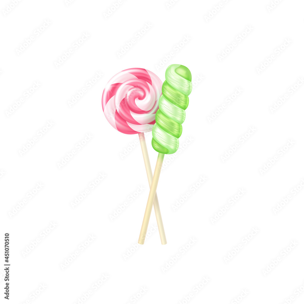 Vector realistic lollipops. Cute illustration of two three-dimensional colorful glossy striped candies on sticks on white background. Juicy sweets icon Vector realistic lollipops. Cute illustration of two three-dimensional colorful glossy striped candies on sticks on white background. Juicy sweets icon