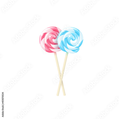 Vector realistic lollipops. Cute illustration of two three-dimensional colorful glossy striped candies on sticks on white background. Juicy sweets icon