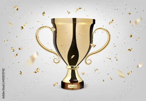 3d realistic vector golden cup isolated on white background. Championship trophy surrounded by falling confetti. Sports tournament award