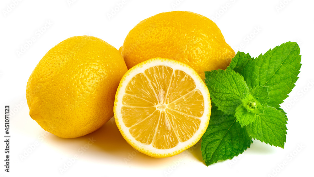 Fresh lemons with half, isolated on white background. Fresh lemons with half, isolated on white background.