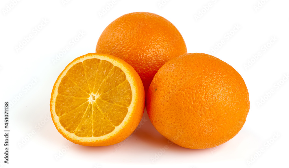 Fresh oranges with half, isolated on white background. Fresh oranges with half, isolated on white background.
