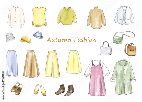 秋ファッションの水彩イラストセット