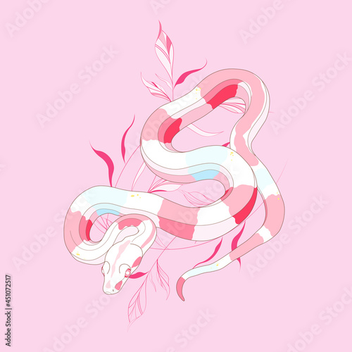 White graceful snake with pastel spots and elegant thin leaves