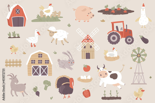 Livestock farm isolated objects set. Collection of pig, cow, sheep, goat, chicken, goose, turkey, rabbit, tractor, vegetables in garden, farming. Vector illustration of design elements in flat cartoon
