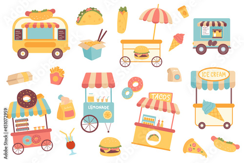 Fast food isolated objects set. Collection of food trucks street shops, donuts, tacos, ice cream, hot dogs, hamburger, pizza, coffee, lemonade. Vector illustration of design elements in flat cartoon