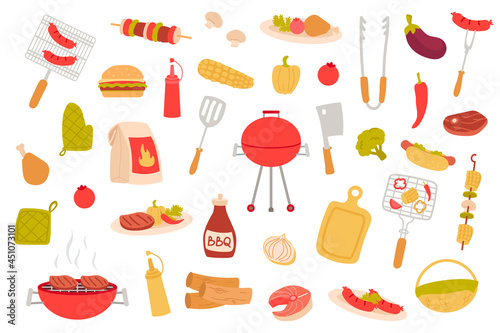 Barbeque picnic isolated objects set. Collection of bbq party, cooking meat dishes, sausage, steak, kebab, vegetable, hot dog, mustard, ketchup. Vector illustration of design elements in flat cartoon