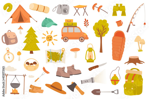 Camping and hiking isolated objects set. Collection of tent, car, forest, binoculars, fishing, map, mushroom, backpack, compass, tourism tools. Vector illustration of design elements in flat cartoon