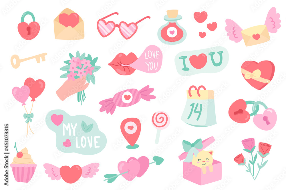 Valentines Day isolated objects set. Collection of heart lock, key, letter, glasses, love potion, rose flowers, kiss, balloon, calendar, gift. Vector illustration of design elements in flat cartoon Valentines Day isolated objects set. Collection of heart lock, key, letter, glasses, love potion, rose flowers, kiss, balloon, calendar, gift. Vector illustration of design elements in flat cartoon