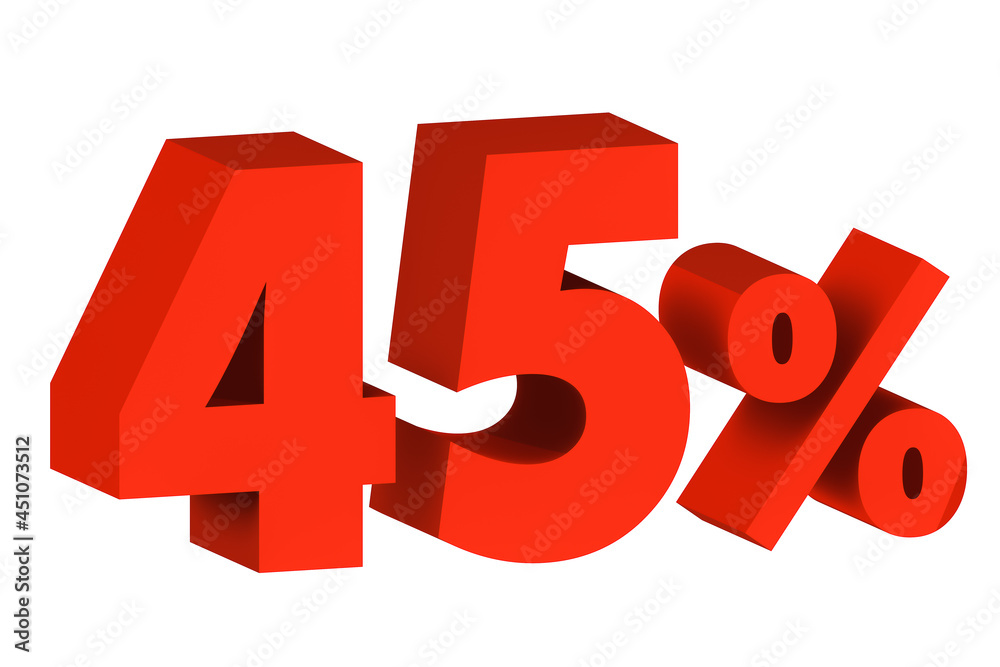 3d illustration five percent red isolated on white background. 3d rendering for advertising. 45% off on sale. 3d illustration five percent red isolated on white background. 3d rendering for advertising. 45% off on sale.