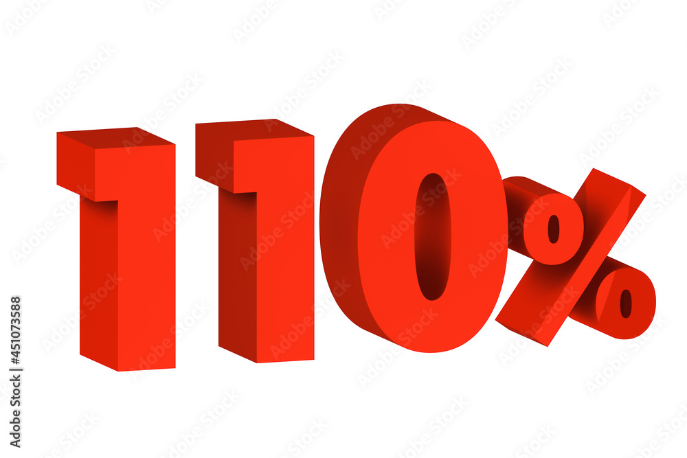 3d illustration five percent red isolated on white background. 3d rendering for advertising. 110% off on sale.