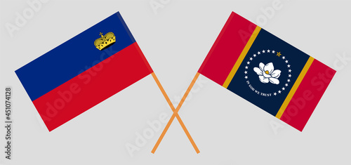 Crossed flags of Liechtenstein and the State of Mississippi. Official colors. Correct proportion