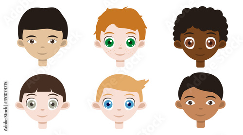 Cute asian boy, nice irish red hair, adorable african toddler, closeup american son, blond scandinavian little man and indian baby. Set of national kids portraits with smiling faces.