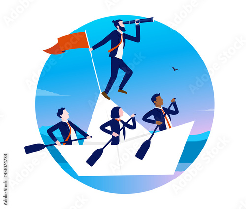 Business leadership - People all in the same boat working to find the way forward. Leader and teamwork concept. Vector illustration with white background