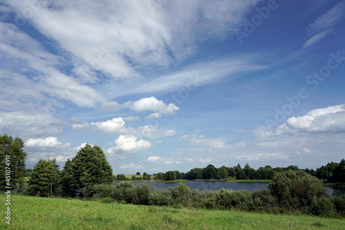 Rural landscape. Fields, forests and a lake. White clouds. Blue sky. Windy day in August