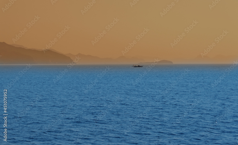 Evening in the Aegean Sea. Sunset. Boat trip near Marmaris. Turkey