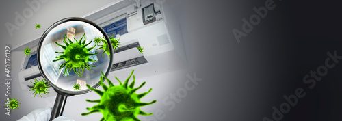 3D rendering of viruses inside the air conditioner by showing through a magnifying glass. concept of prevention and detection of diseases in the respiratory system photo