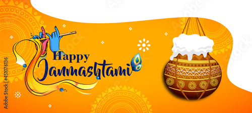 Celebrating happy Janmashtami festival of India with llustration of Lord Krishna playing bansuri (flute) and dahi handi competition with text in Hindi meaning 'Krishan Janmashtami'- vector background
