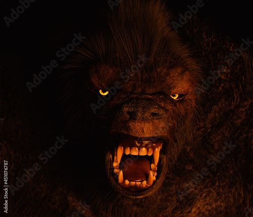 3d illustration of an aggressive Bigfoot creature roaring photo